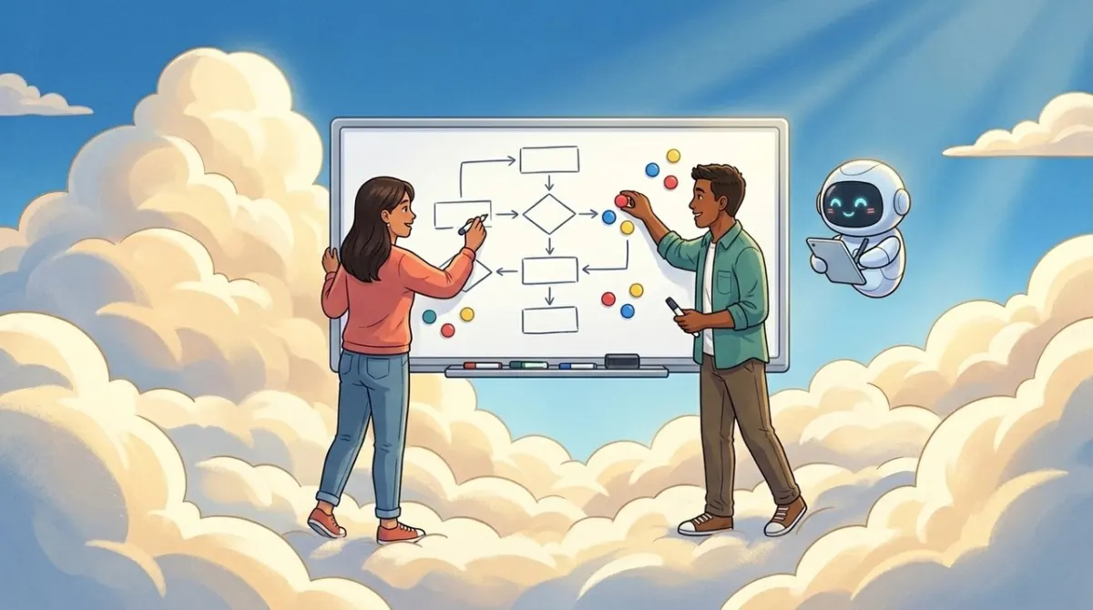 Two teammates on a cloud mapping a plan on a whiteboard and placing vote dots.