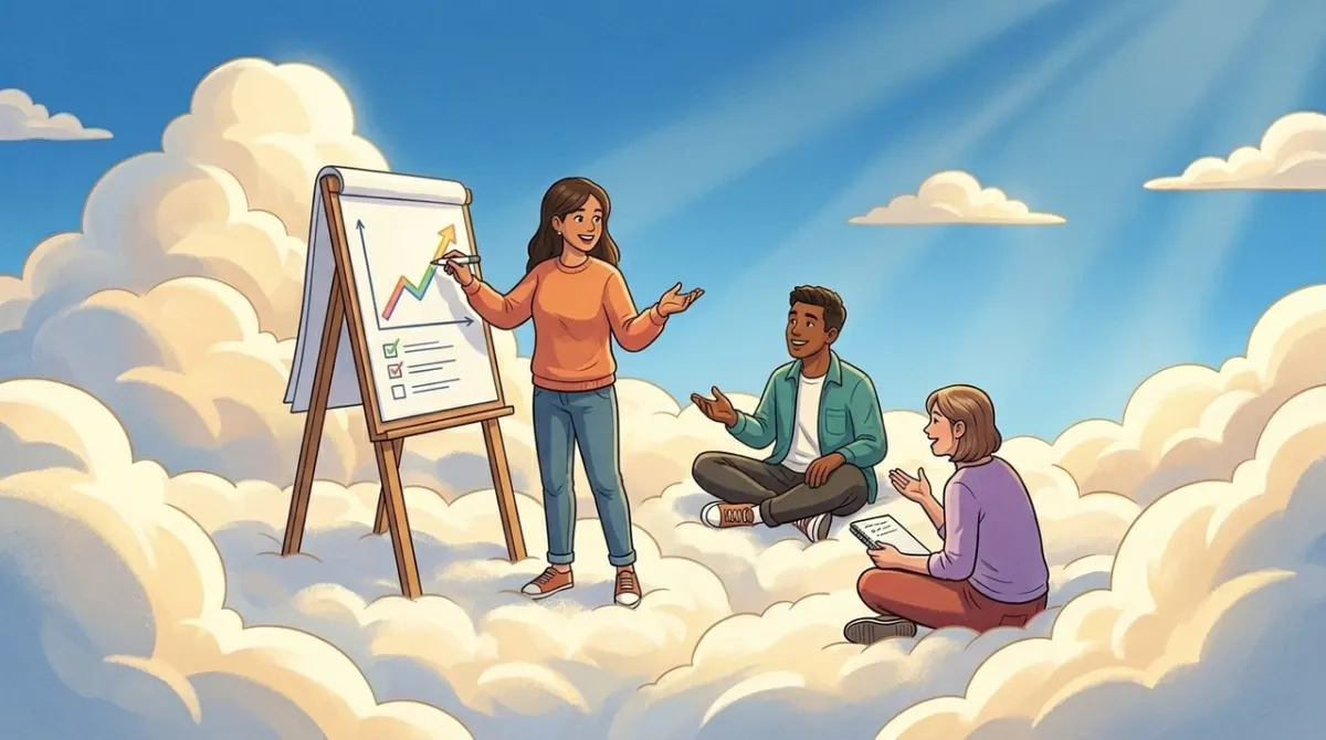 A facilitator writing on an easel pad on a cloud while two teammates discuss.