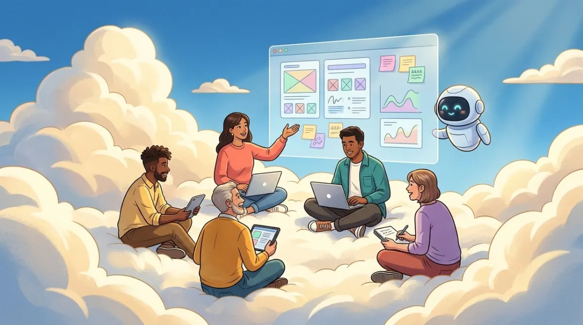 A team sitting in a circle on sunlit clouds, meeting around a floating screen.