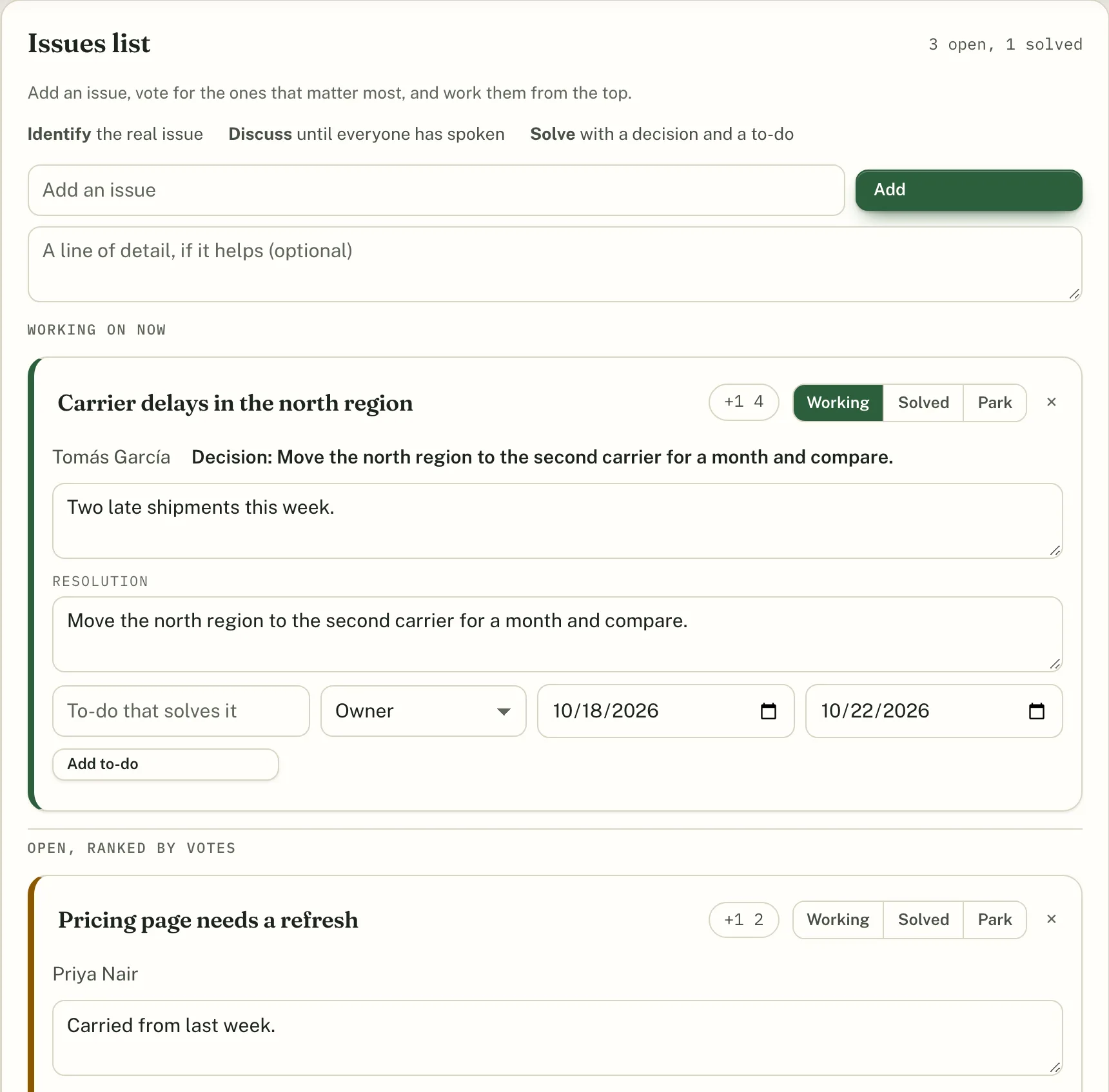 The issues list in a Virtual Offsite room, with solved issues, decisions, and to-dos with owners and dates.