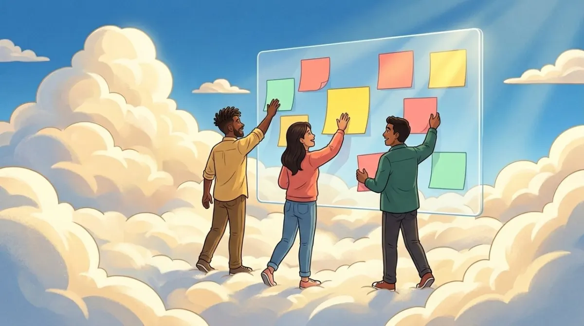 Three teammates on a cloud posting colorful notes on a floating glass wall.